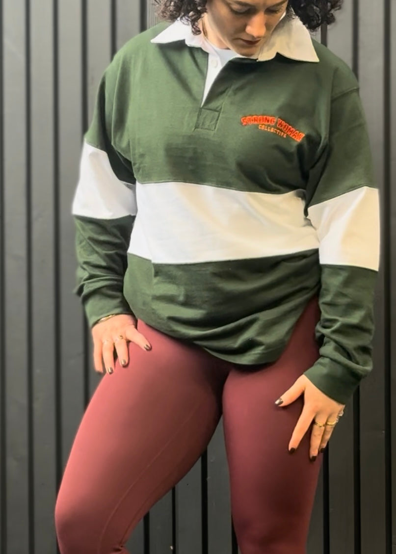 Green and white Strong Woman Collective Rugby shirt