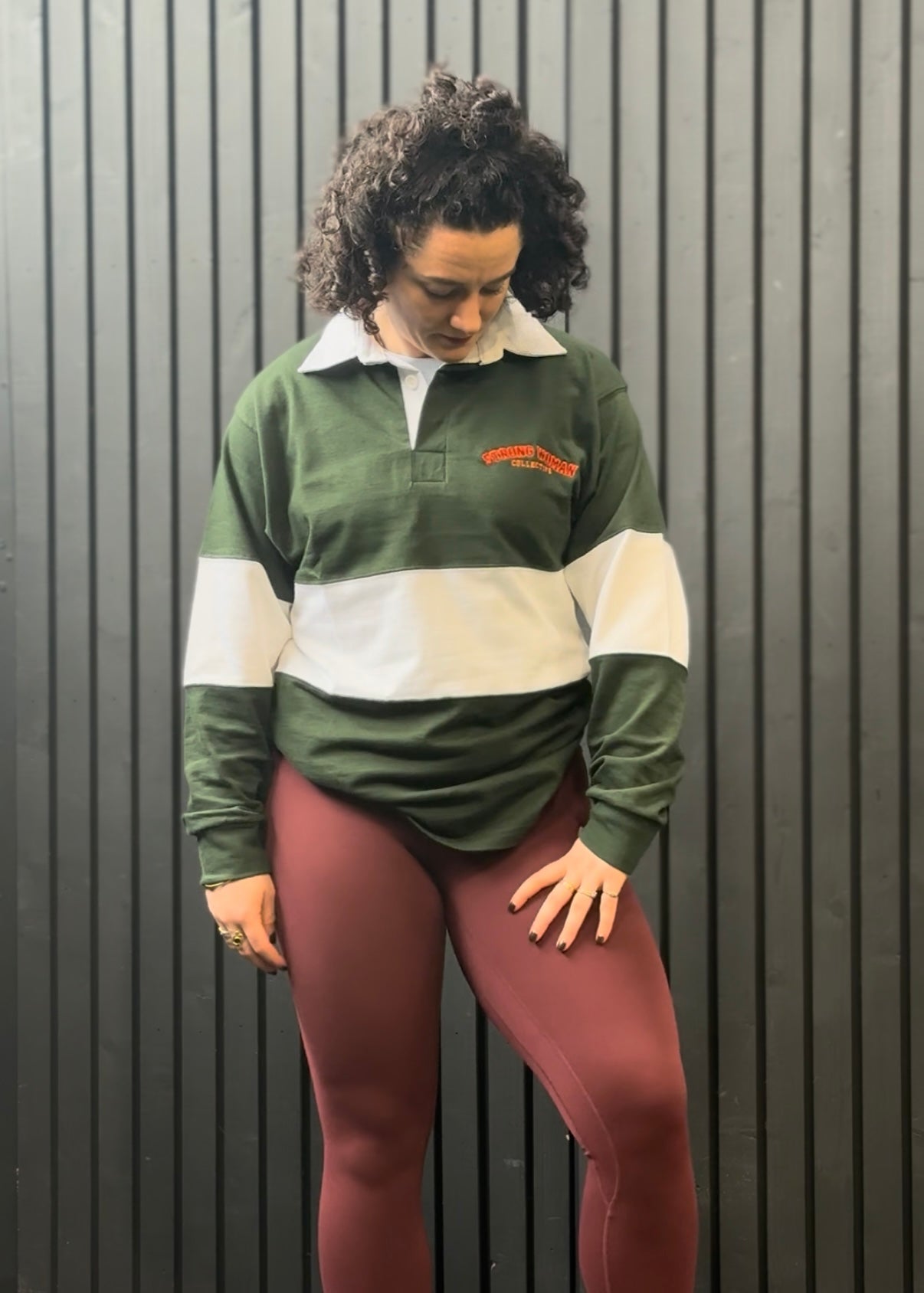 Green and white Strong Woman Collective Rugby shirt