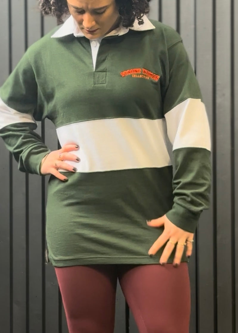 Green and white Strong Woman Collective Rugby shirt