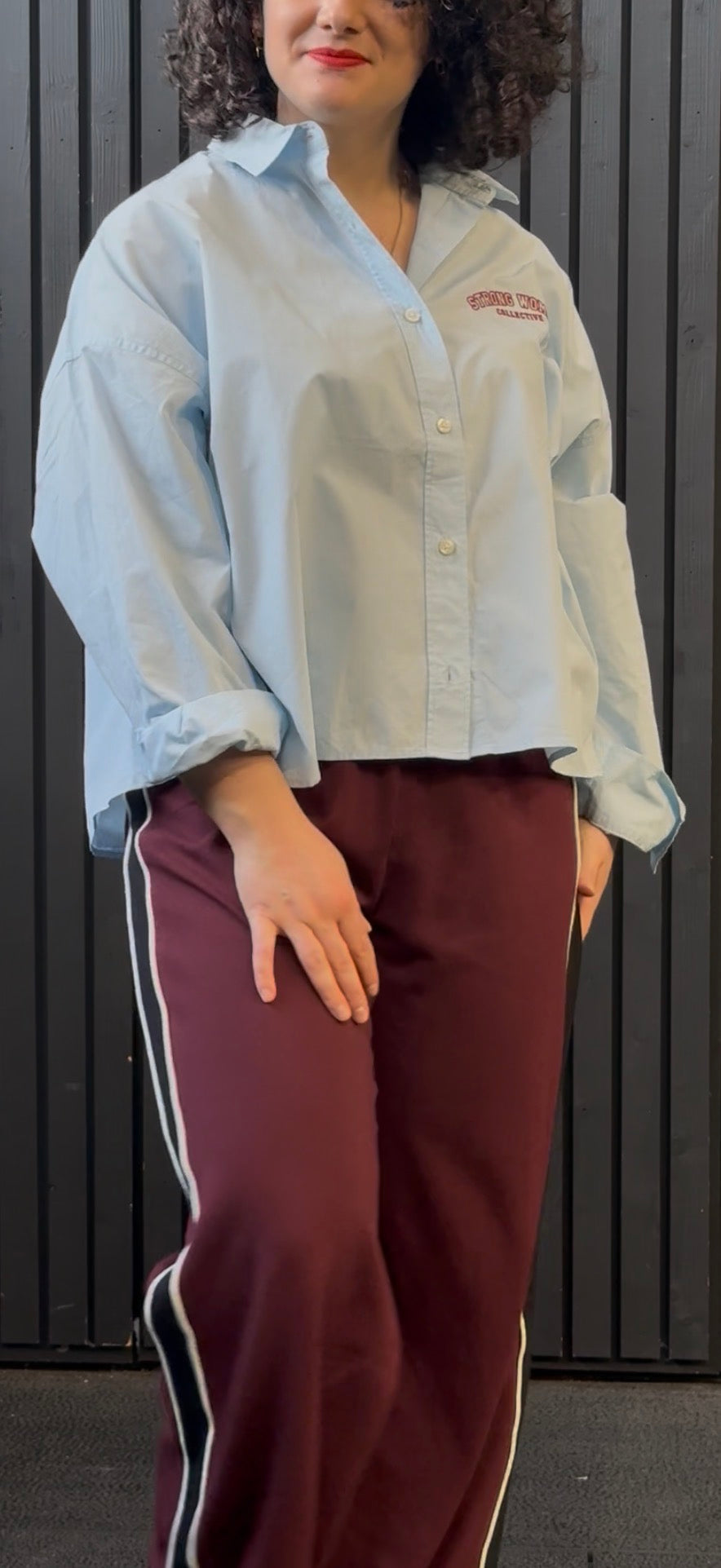 The 90s Mum Boxy Shirt- baby blue and burgundy