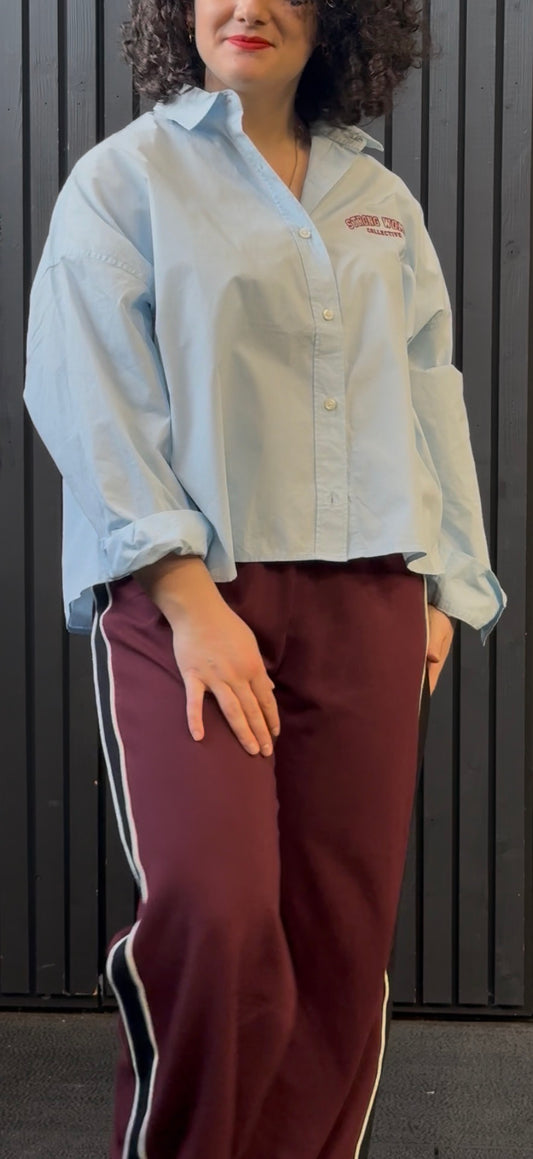 The 90s Mum Boxy Shirt- baby blue and burgundy