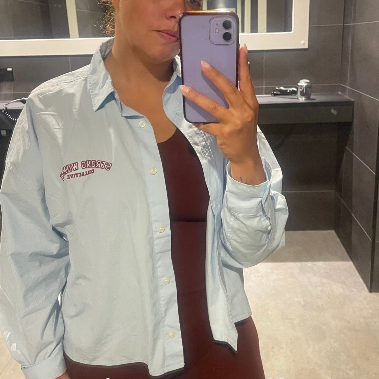 The 90s Mum Boxy Shirt- baby blue and burgundy
